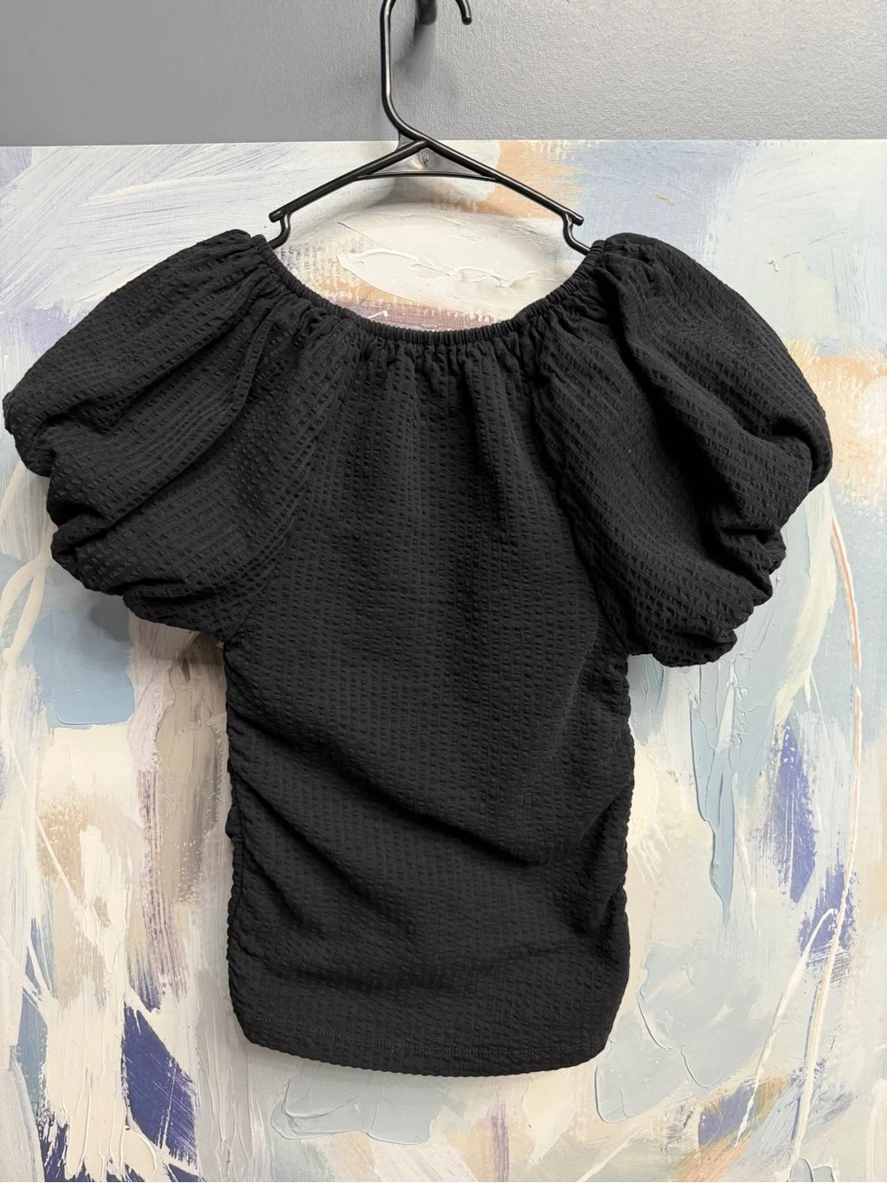 LOFT 100% Cotton Black Textured Puff Sleeve V Neck Blouse Ruched Short Sleeve